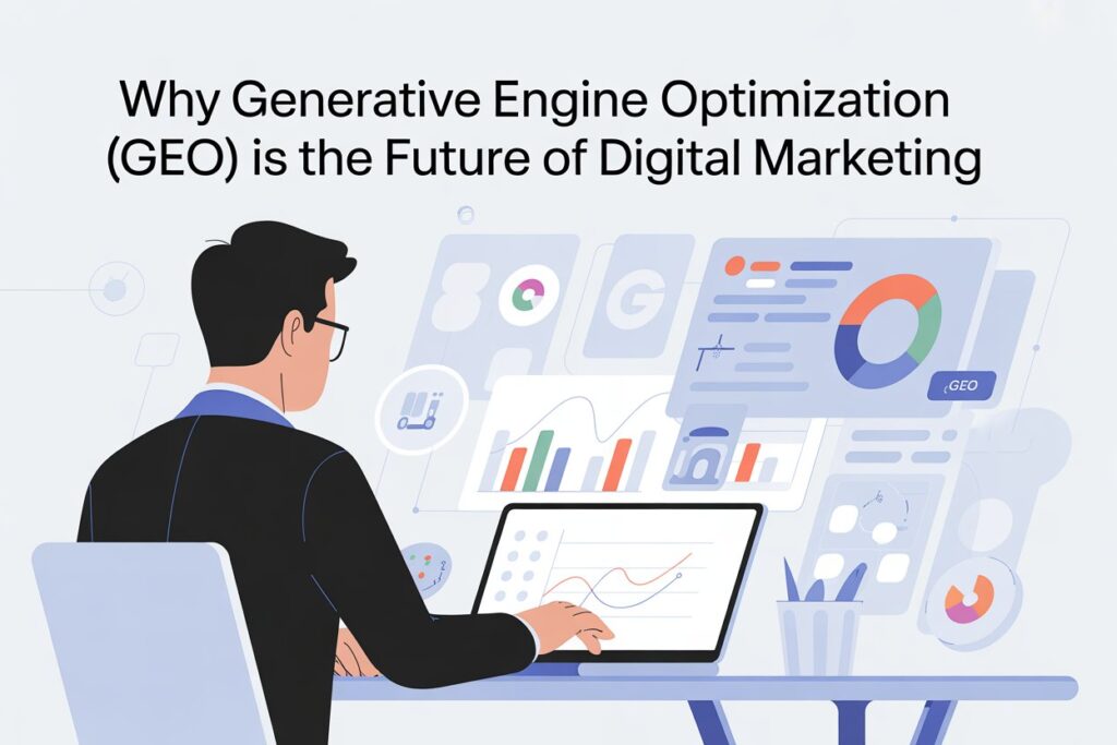 Generative Engine Optimization (GEO) concept illustration showing a digital marketer analysing digital charts and graphs on a laptop with the title "Why Generative Engine Optimization (GEO) is the Future of Digital Marketing".